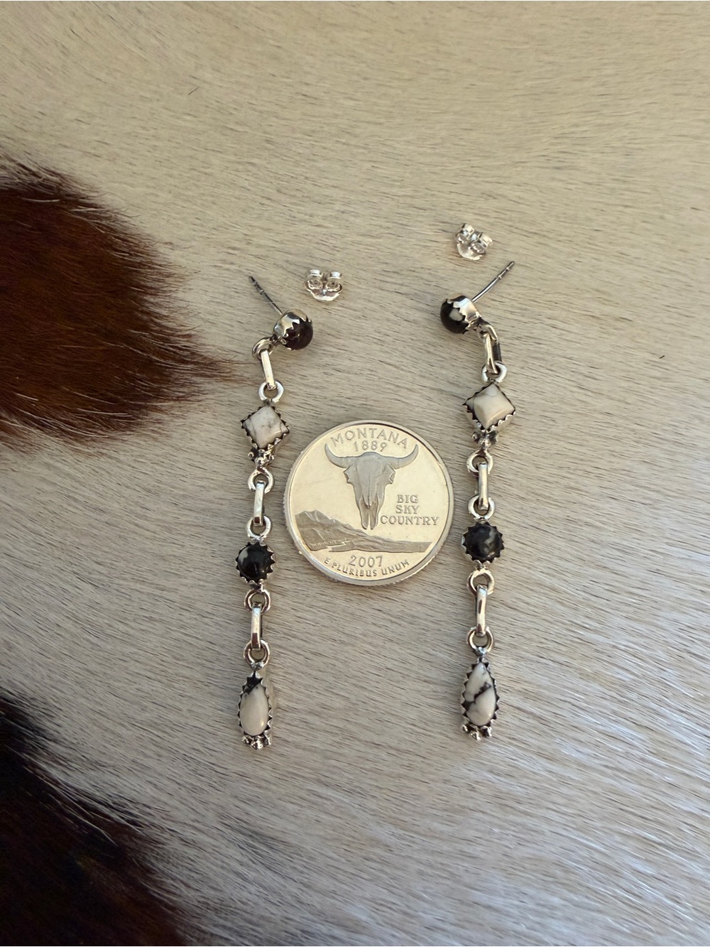 ❤️ White Buffalo Statement Stud Dangle Earrings Sterling 925 Navajo Style 2.59”L - Picture 6 of 14
